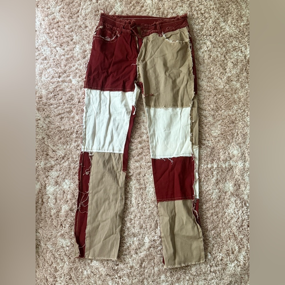 SHEIN Red and White Wide Leg Pants with Bold Design